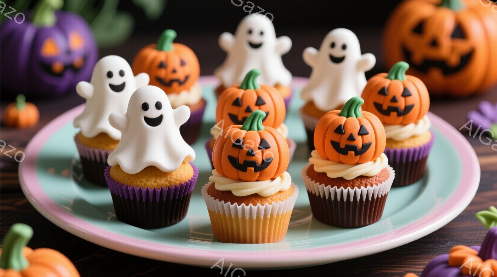 ハロウィーンをテーマにしたカップケーキが、ピンク色の皿に並べられています。それぞれのカップケーキには、かぼちゃの形をしたアイシングや、お化けのデコレーションが施されており、可愛らしい雰囲気を醸し出しています。背景には、紫色のカボチャがぼんやりと見え、ハロウィーンの季節感を強調しています。