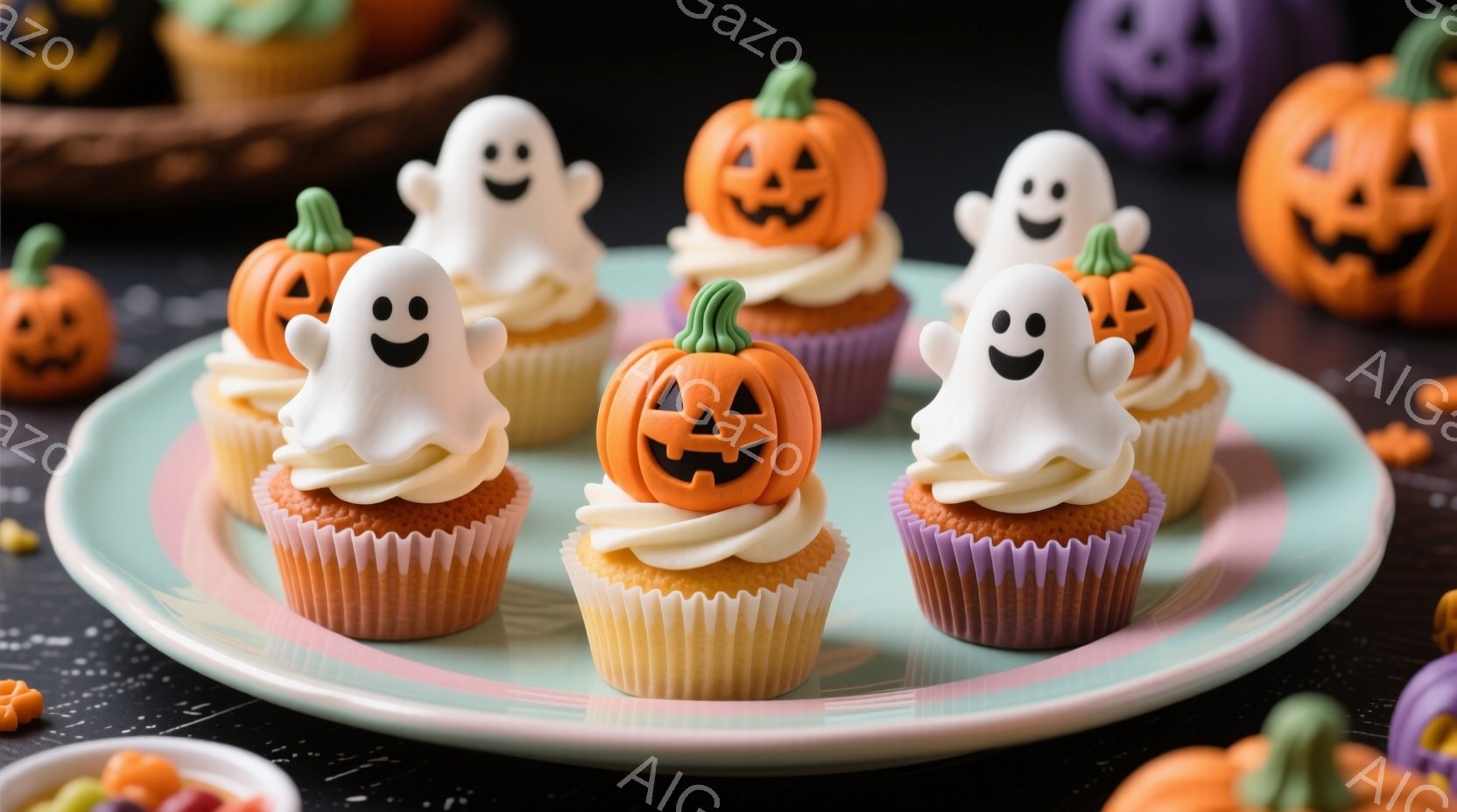 ハロウィーンをテーマにしたカップケーキが、薄い緑色の皿の上に並んでいます。各カップケーキには、かぼうや幽霊のデコレーションが施されており、可愛らしい表情をしています。背景には、ハロウィーンのお菓子やデ - AI生成フリー素材