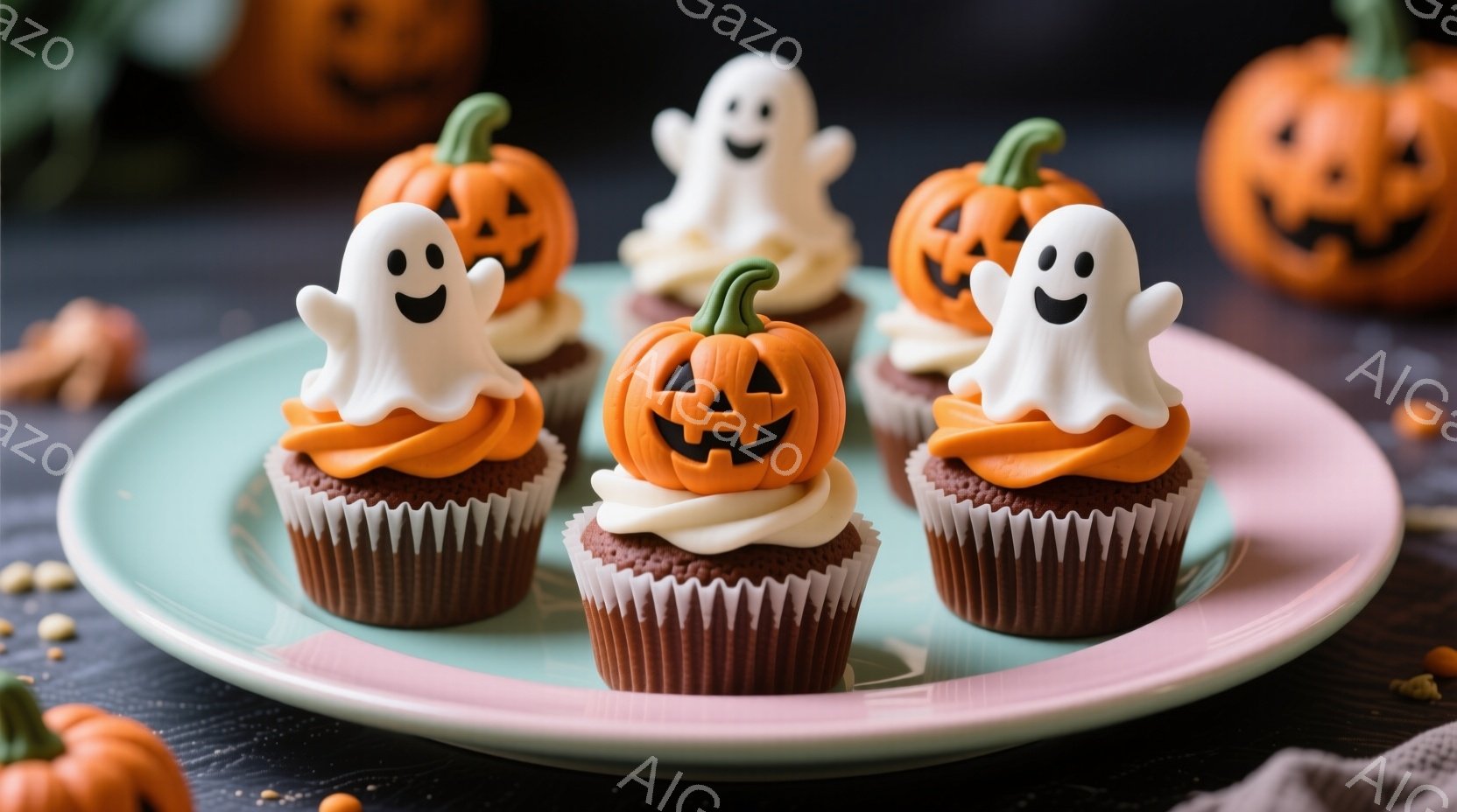 ハロウィーンをテーマにしたカップケーキが、淡いピンク色の皿に並んでいます。茶色のスポンジケーキにオレンジ色のクリームが絞られ、その上に可愛らしいお化けやジャック・オ・ランタンのデコレーションが施されて - AI生成フリー素材