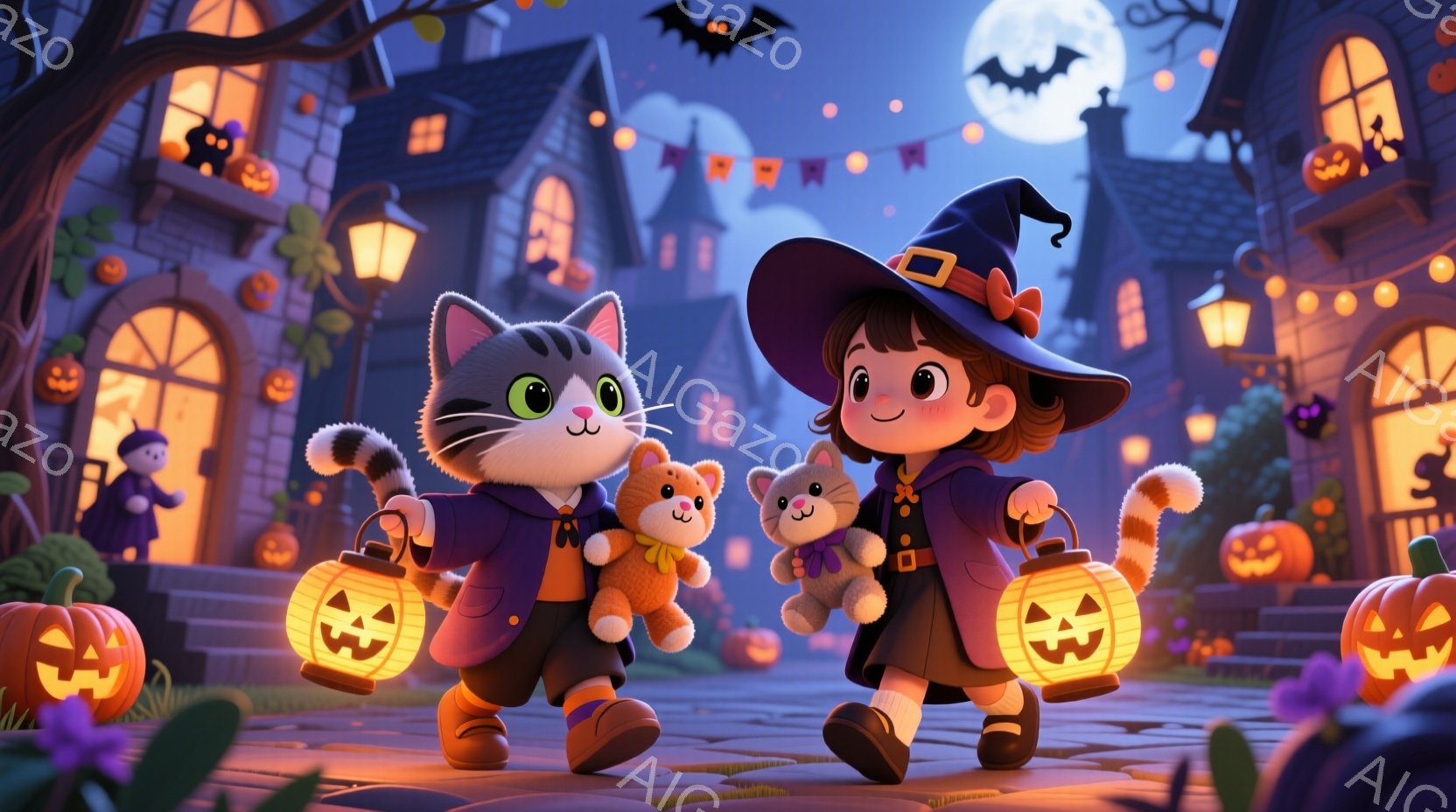 小さな女の子が魔女の帽子とオレンジ色の衣装を着て、2匹の猫と共に夜の街を歩いている。彼女は手にジャック・オー・ランタンを持っており、猫たちはそれぞれ小さなテディベアを抱きかかえている。背景には、カボチ - AI生成フリー素材
