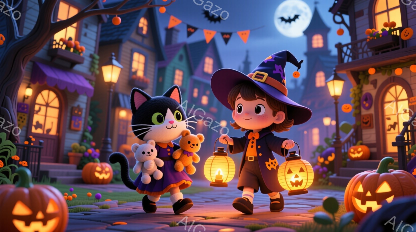 人物はハロウィンイベントに参加する少女と猫のキャラクター。少女は魔法使いのような服装をしており、動作は平静である。背景は夜空に輝く月が描かれており、街灯や家々が見える。全体として、幽霊スタンドなどのような魔法的なアイテムが散布されている。該当者は視覚的に楽しむことを企図している。