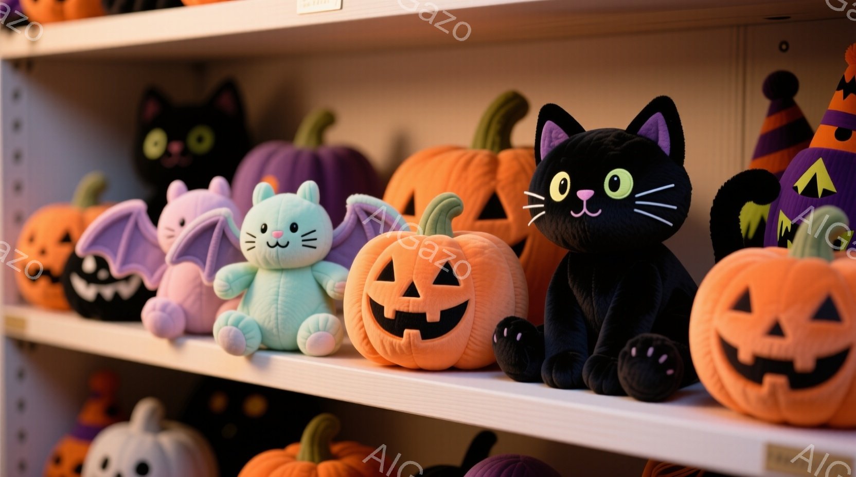 白い棚に、ハロウィーンをテーマにした様々なぬいぐるみたちが並んでいます。紫色の魔女帽子をかぶった猫、ミントグリーンのコウモリ、オレンジ色のジャック・オー・ランタン、黒い猫のぬいぐるみが並び、それぞれ可 - AI生成フリー素材