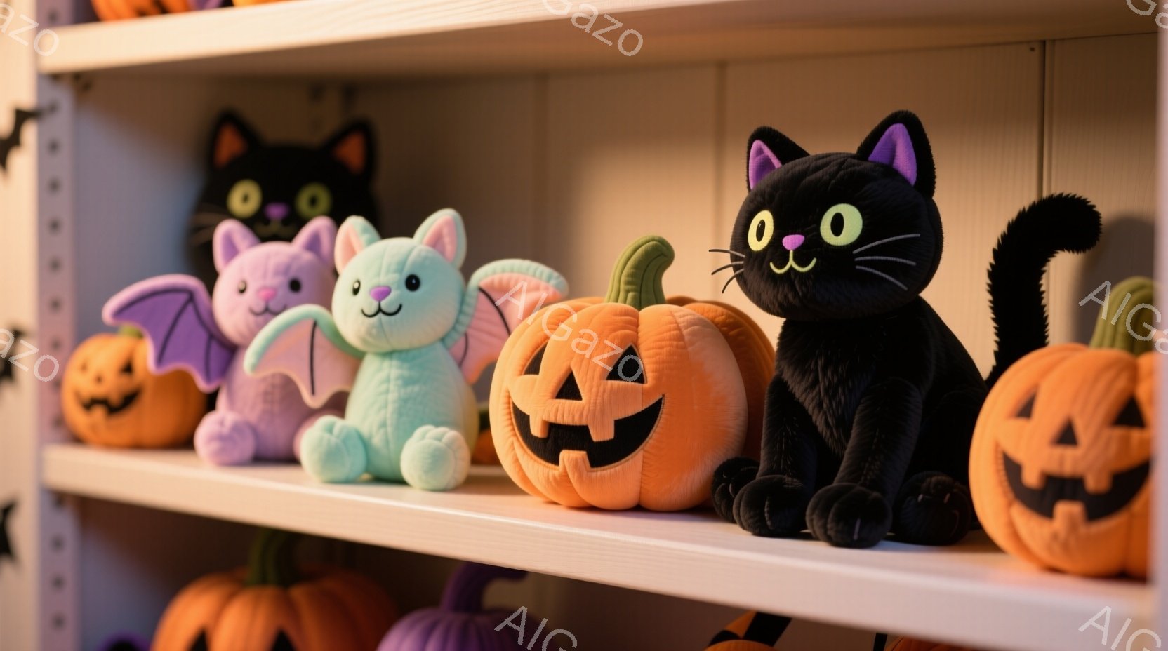 白い棚に、ハロウィーンをテーマにしたぬいぐるみが並んでいます。黒い猫、紫色のバット、オレンジ色のジャック・オー・ランタンが、それぞれ特徴的な表情で座っており、可愛らしい雰囲気です。背景はぼやけており、 - AI生成フリー素材