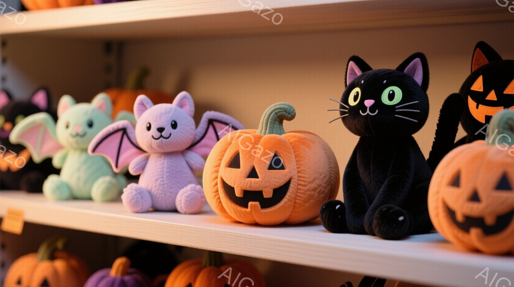 「ハロウィン」（Halloween）に関連する飾り用のキャラクターが販売されている場所を示しています。中央に黒猫のキャラクターが座っており、周りに様々なハロウィンのアイテムが並べられています。それらは色鮮やかで、鬼、犬、カボチャといった詰まりです。画面を通して見ると、この場所は明るく雰囲気が楽しいと感じさせます。