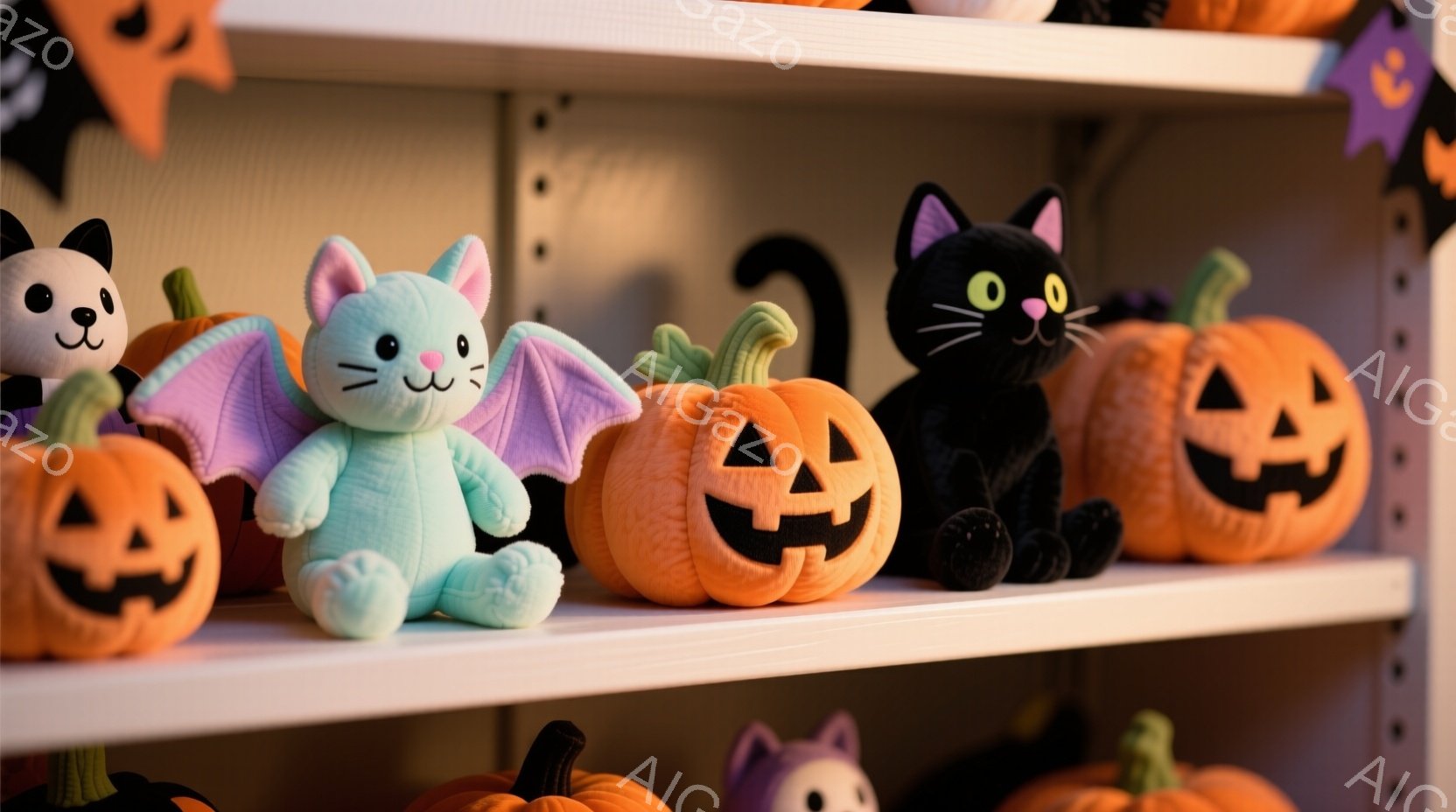 白い棚に、ハロウィーンをテーマにしたぬいぐるみたちが並んでいます。薄い水色のコウモリの着ぐるみを着たウサギのぬいぐるみ、黒い猫のぬいぐるみ、そしてジャック・オー・ランタンのぬいぐるみが、可愛らしい表情 - AI生成フリー素材