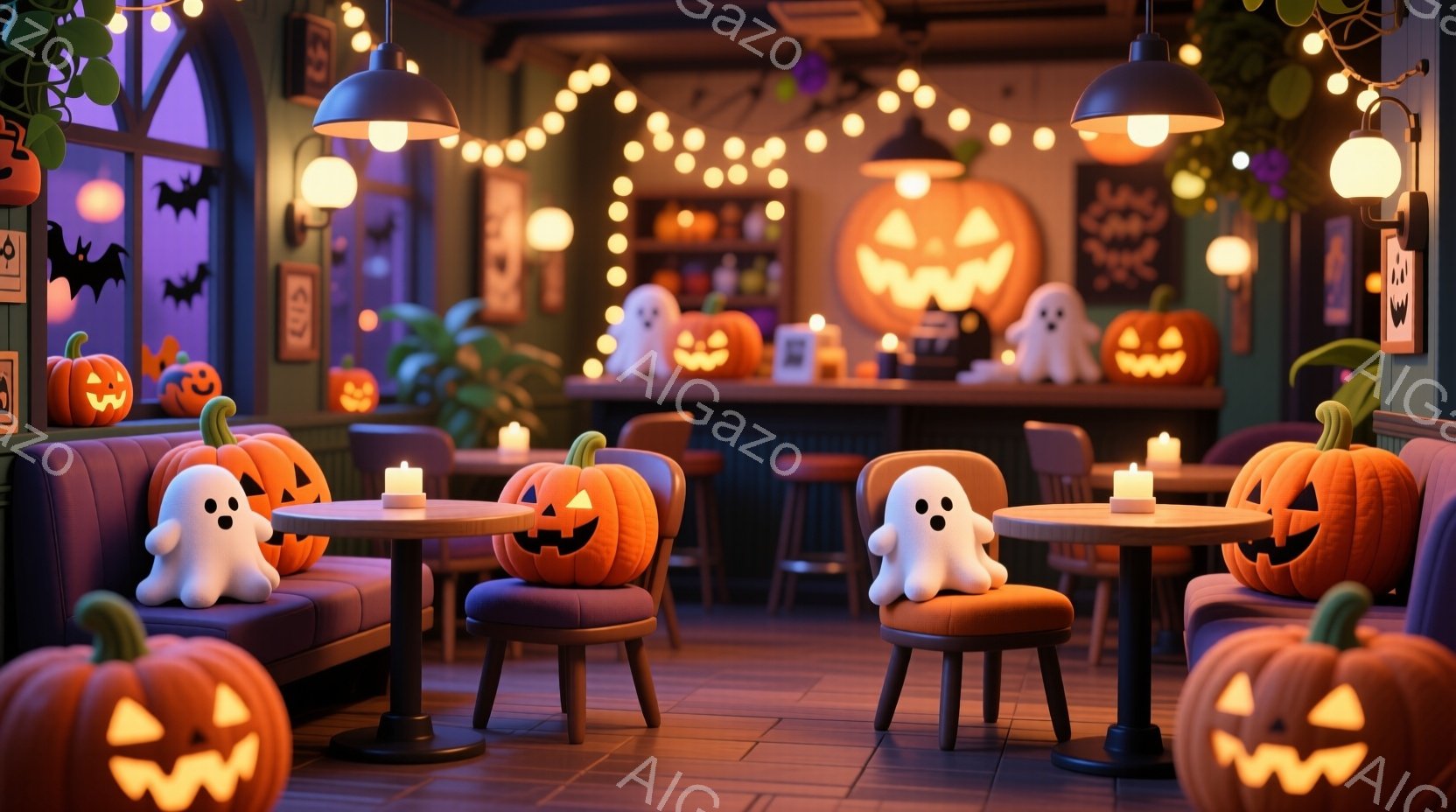 ハロウィーンをテーマにしたカフェテリアの内部です。テーブルとソファには、ジャック・オー・ランタンと可愛い幽霊の人形が飾られており、天井にはオレンジ色の光が点在する電球が飾られています。壁にはハロウィーンの装飾が施され、全体的に暖かく、お祝いの雰囲気です。