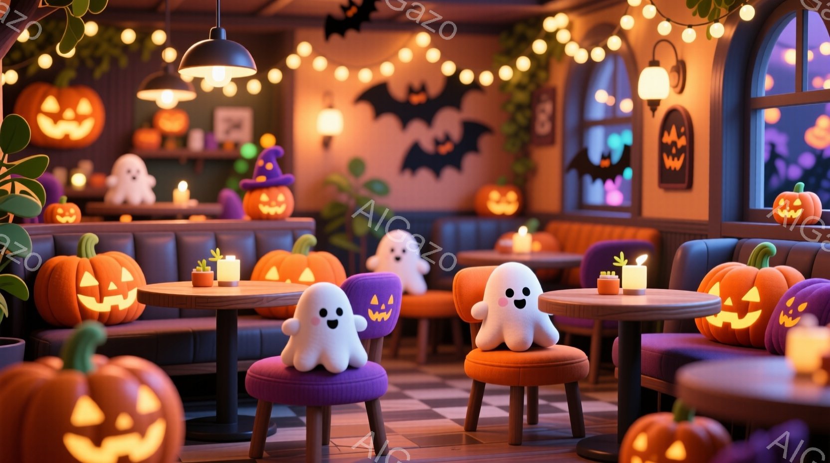 ハロウィーンをテーマにした可愛らしいカフェの内部です。オレンジと紫色の椅子に座ったお化けの人形が、それぞれテーブルに置かれた小さなランタンやカボチャの装飾を見つめています。背景には、ハロウィーンの装飾 - AI生成フリー素材