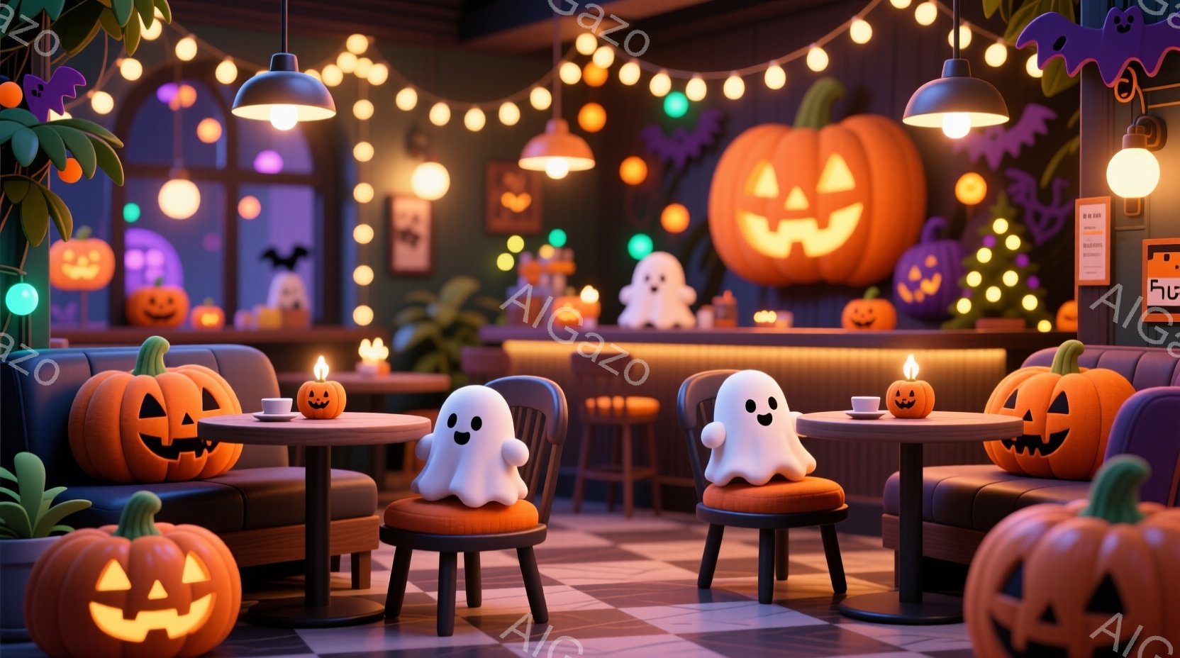 ハロウィーンの装飾で飾られたカフェの内部です。テーブルと椅子が並び、それぞれにカボチャのランタンが配置されています。可愛らしい幽霊たちが椅子に座り、まるでカフェでくつろいでいるような雰囲気で、全体的に - AI生成フリー素材