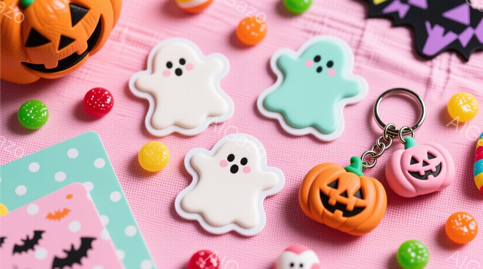 薄いピンク色の背景に、ハロウィーンをテーマにした可愛らしい小物が散りばめられています。白い、水色の、オレンジ色のゴーストの形をした立体的な飾りや、ハロウィーンカラーのキャンディー、小さなカボチャのキー - AI生成フリー素材