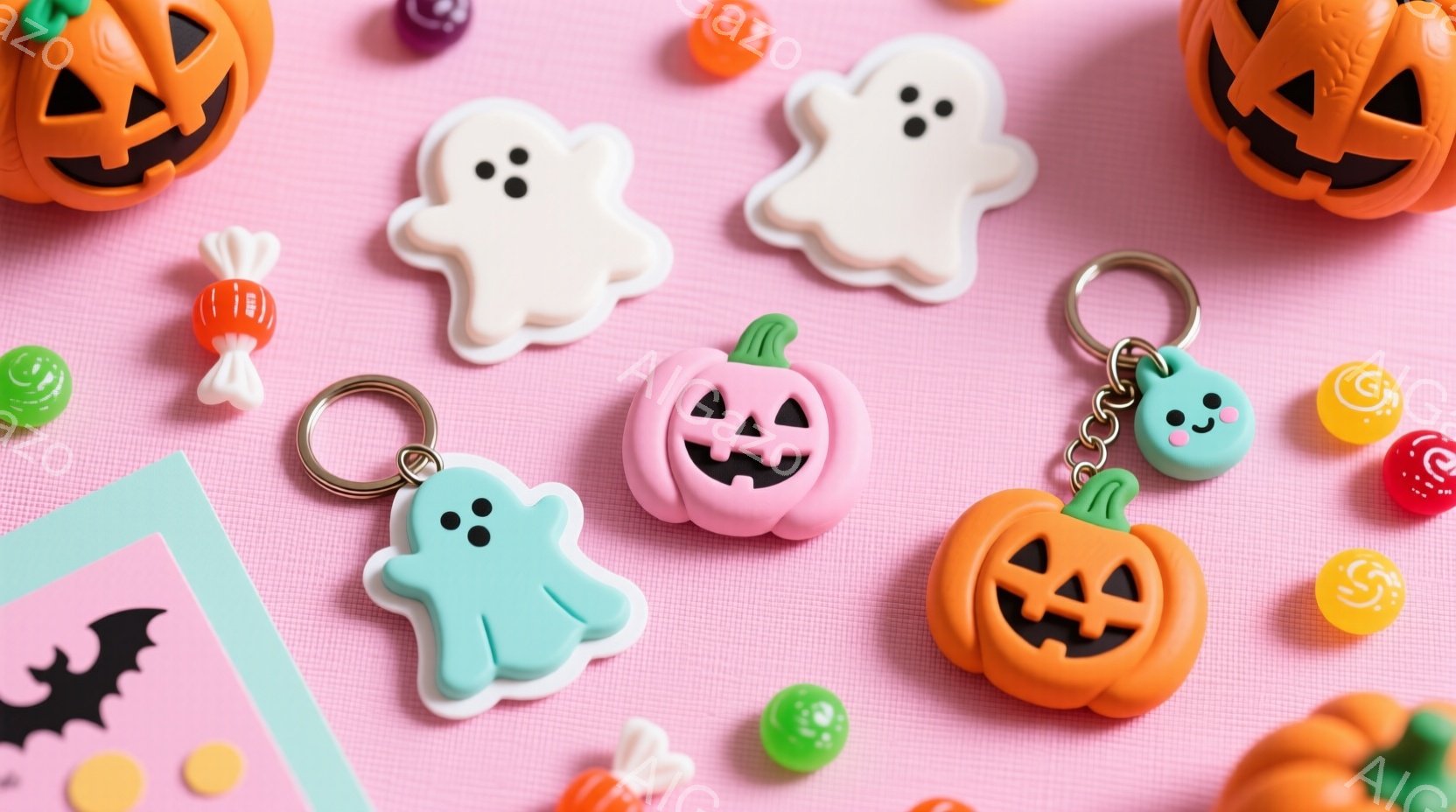 明るいピンク色の背景に、ハロウィーンをテーマにした可愛らしいアイテムが散りばめられています。パンプキン、ゴーストのキーホルダーやクッキー、カラフルなキャンディーが配置されており、全体的に明るくポップな雰囲気が漂っています。左下には、コウモリが描かれたピンク色のカードも写っており、ハロウィーンの装飾が施された楽しい空間を表現しています。