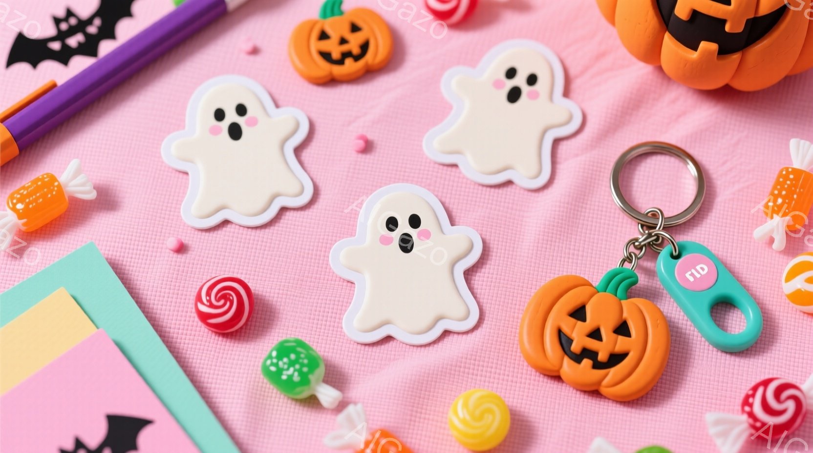 明るいピンク色の背景に、ハロウィーンの装飾品が散りばめられています。かわいいお化けの形をしたマグネットや、オレンジ色のジャック・オー・ランタンのキーホルダー、カラフルなキャンディーなどが配置されており - AI生成フリー素材