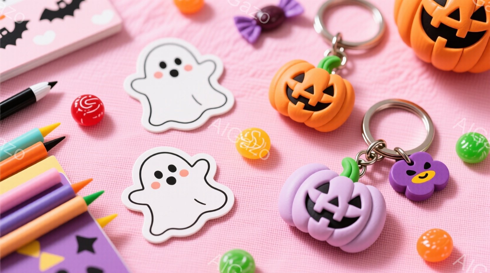 明るいピンク色の背景に、ハロウィーンをテーマにした様々なアイテムが散りばめられています。かわいいお化けの形をした紙片や、オレンジ色と紫色のパンプキン型のキーホルダー、カラフルなキャンディが配置され、まるでハロウィーンの準備をしているかのようです。全体的に明るくポップな雰囲気で、子供向けの可愛らしいハロウィーンの装飾を連想させます。
