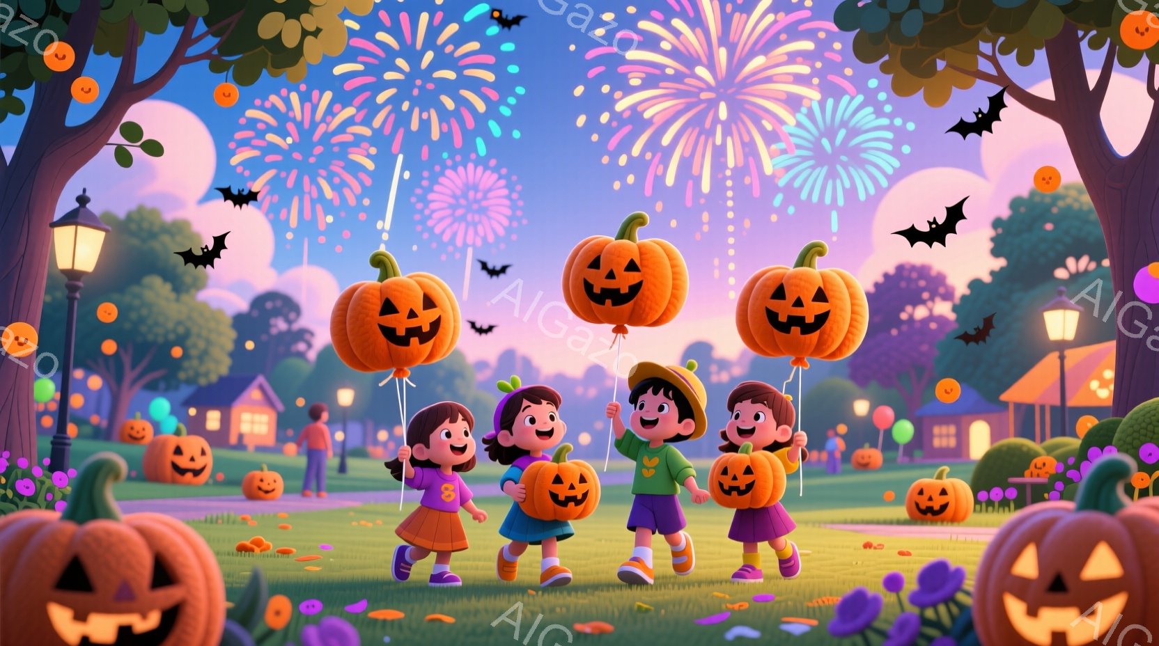 ハロウィーンの夜、カボチャの風船を持った子供たちが楽しそうに歩いている様子が描かれています。 子供たちはそれぞれ異なる服装をしており、赤いワンピース、青いオーバーオール、緑のシャツと帽子を着ています。 - AI生成フリー素材