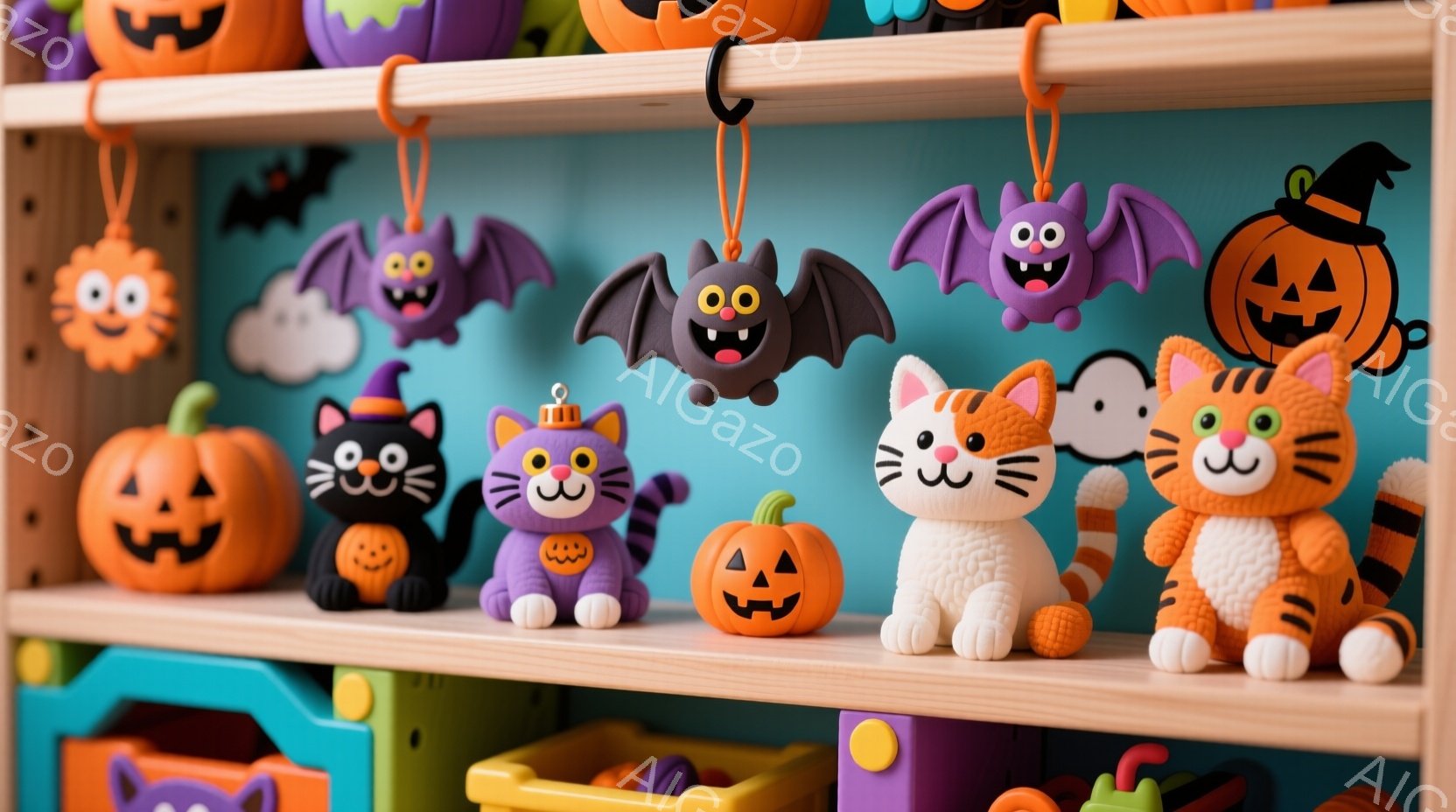 ハローウィーンの飾り付けが棚に並んでいます。カボチャ、コウモリ、黒猫、オレンジ猫、白い猫などの可愛らしいおもちゃが、それぞれ異なる表情を浮かべています。背景は明るい水色で、オレンジと紫色の収納ボックスが並び、全体的に明るく楽しい雰囲気が漂っています。