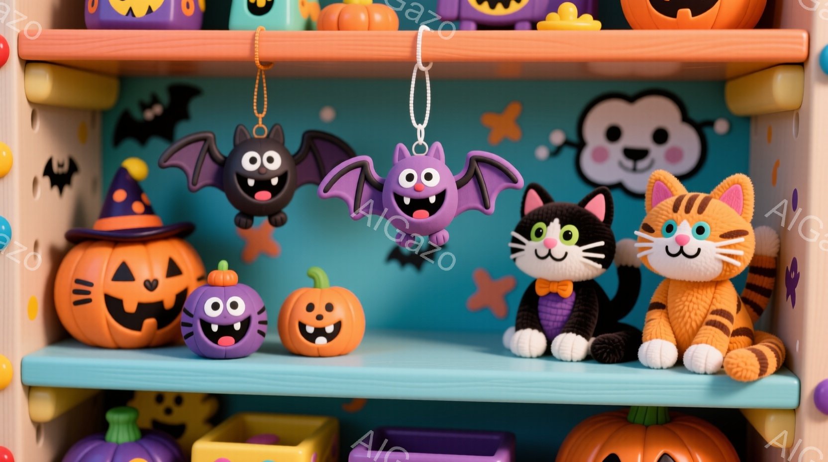ハロウィーンをテーマにしたおもちゃや装飾品が並んだ棚を写しています。紫色のカボチャ、コウモリ、黒猫、オレンジ色のトラ柄の猫などの可愛らしいキャラクターが、楽しげな表情で並んでいます。背景は明るい青色で、全体的に明るく、お祭り気分を盛り上げるような雰囲気です。