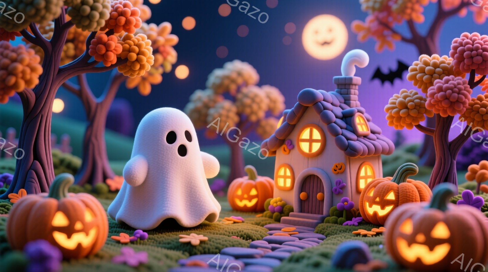 白い幽霊が可愛らしい表情で浮かんでおり、ハロウィーンの飾り付けがされた小さな家とオレンジ色のカボチャに囲まれています。背景には、紫とオレンジ色の葉を持つ木々が生い茂り、月が輝く夜空が広がっています。全 - AI生成フリー素材