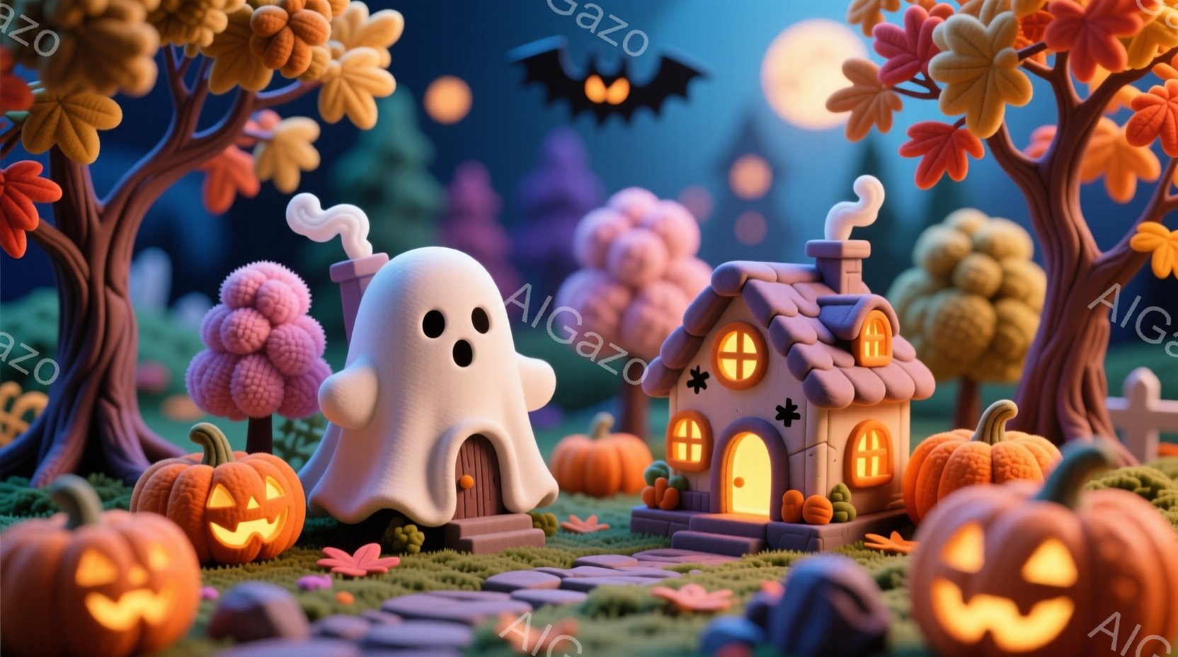暖かく光る窓を持つ可愛らしい家が、ハロウィンの装飾が施された庭に建っています。丸いカボチャのランタンと、不気味ながらも可愛らしい幽霊が家を取り囲み、背景にはシルエットのコウモリと月が浮かび、秋らしい葉が散りばめられた小道が続きます。全体的に温かく、お祝いムード満点のハロウィーンの夜の光景です。