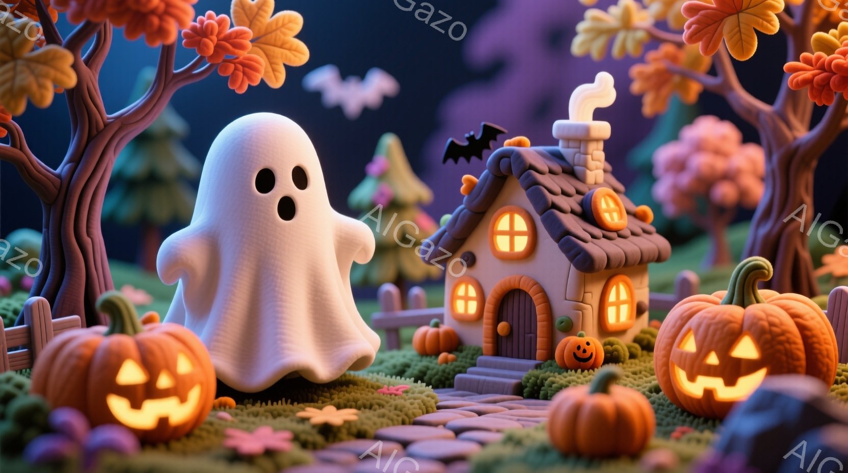 暖かく優しい色調で、ハロウィーンをテーマにした可愛らしい風景が描かれています。白い幽霊が丸い目と小さな口で驚いた表情を浮かべ、小さな家の前に立っています。背景には、オレンジ色のカボチャが散りばめられた - AI生成フリー素材