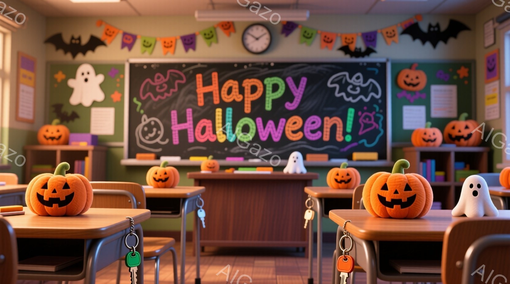 教室には、ハロウィーンの飾り付けがされており、黒板には「Happy Halloween!」と書かれています。机の上には、可愛らしいジャック・オ・ランタンと幽霊の飾りがあり、ハロウィーンの楽しい雰囲気を醸し出しています。全体的に暖かく、お祝いムード満載の空間です。