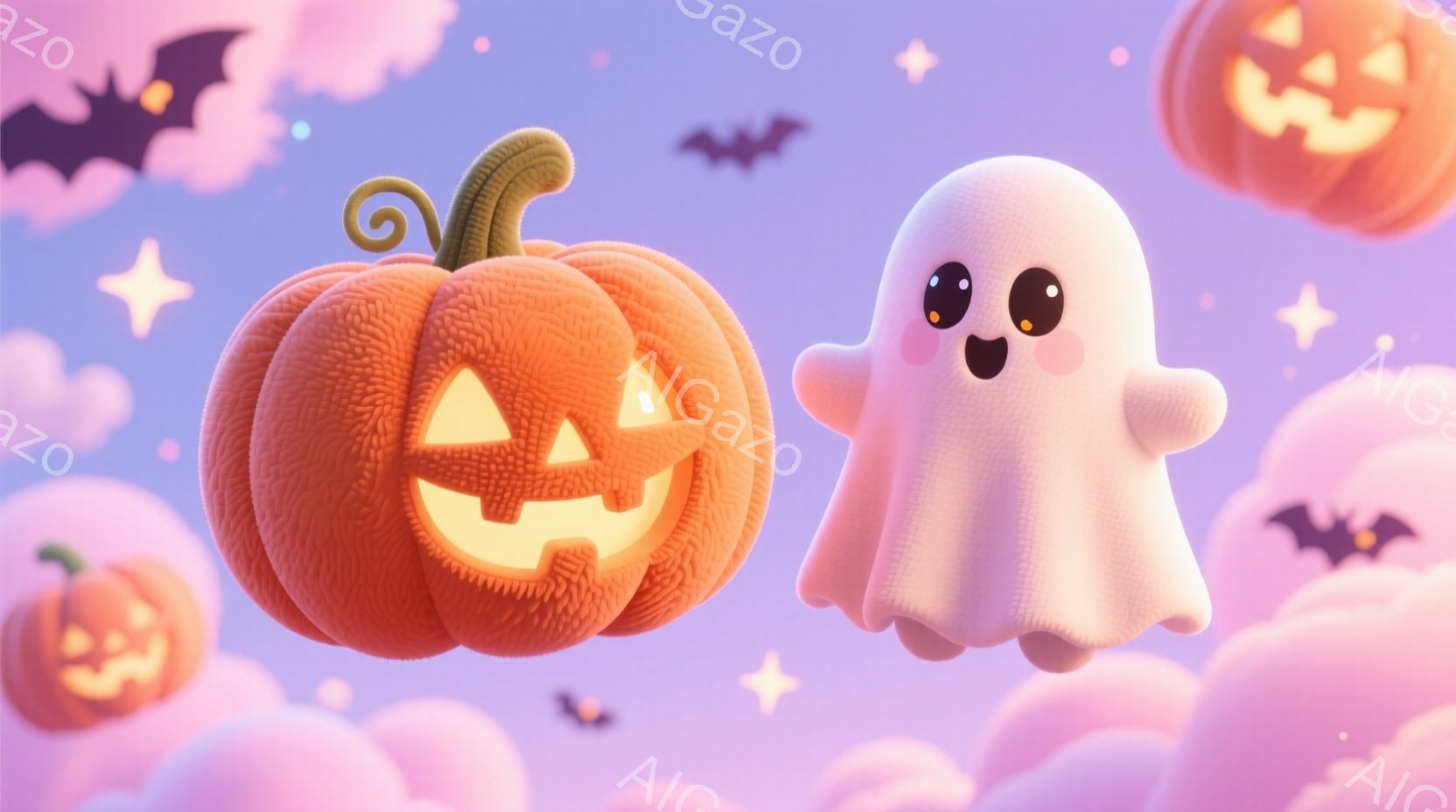 明るいオレンジ色のジャック・オー・ランタンと、ふわふわした白い幽霊が空中に浮かんでいます。背景には、パステルピンクと紫色の雲と、飛び交うコウモリが散りばめられており、ハロウィーンらしい夢のような雰囲気 - AI生成フリー素材