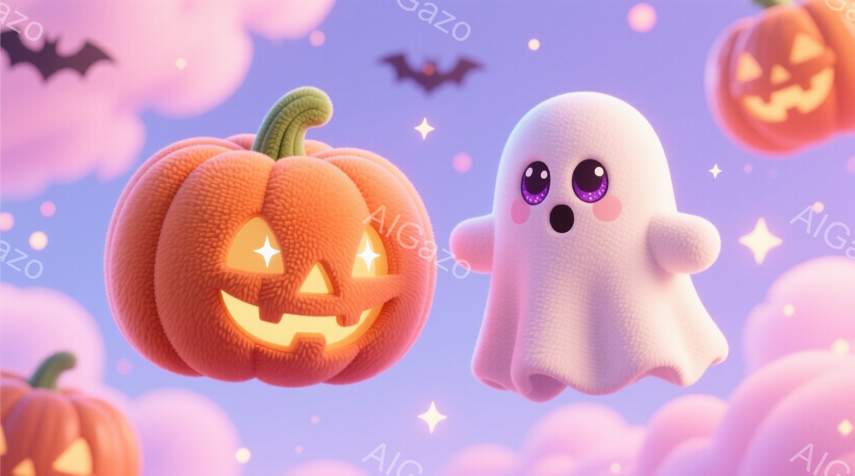 鮮やかなオレンジ色のジャック・オー・ランタンと、可愛らしい白いお化けが空中に浮かんでいます。背景は淡いピンクと紫色の雲で覆われ、キラキラとした星が散りばめられています。全体的に柔らかく、夢のようなハロ - AI生成フリー素材