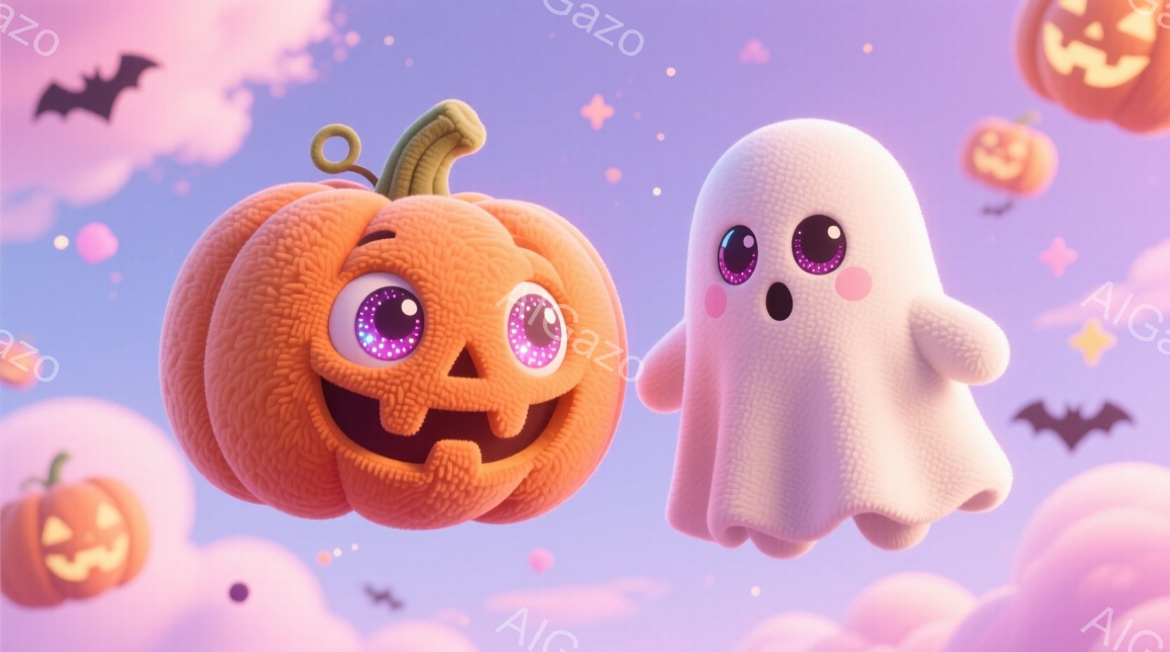 明るいピンク色の背景に、ふわふわした質感のハロウィンのカボチャと幽霊が浮かんでいます。カボチャは大きな目と笑顔で、幽霊は丸い目と少し驚いた表情をしています。背景には、小さなコウモリやキラキラした星が散 - AI生成フリー素材