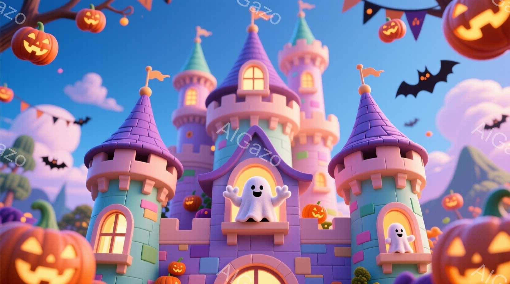 カラフルで可愛らしいお城が描かれており、ハロウィーンの飾り付けがされています。お城の屋根や階段にはカボチャのランタンが飾られ、2匹の小さな白い幽霊が楽しそうにポーズをとっています。背景には緑の丘と雲が - AI生成フリー素材
