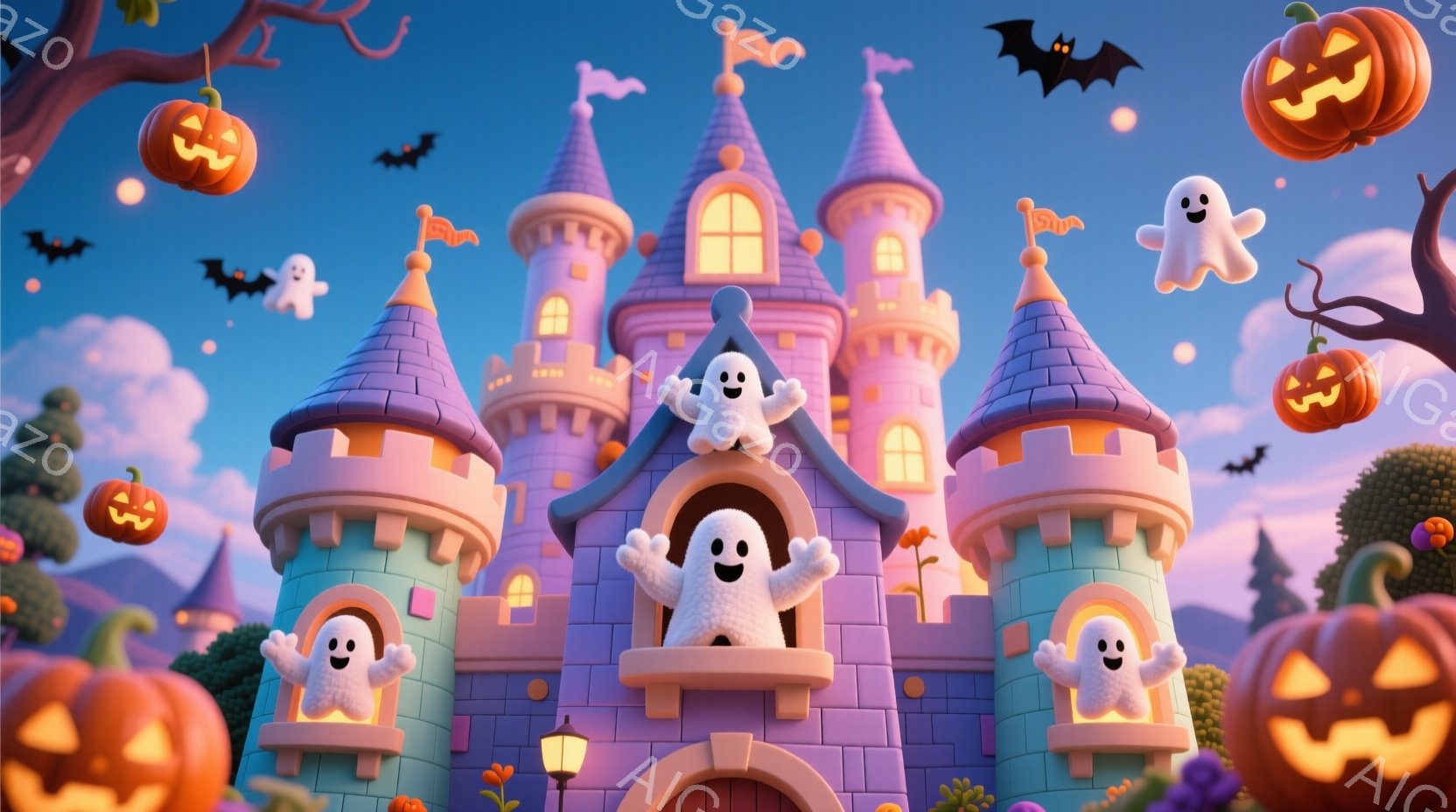 柔らかいパステルカラーの城が、ハロウィーンの装飾と共に描かれています。可愛らしい幽霊たちが城の周りを飛び交い、ニッコリと笑っています。背景には、かぼちゃのランタンやコウモリが浮かび、夕暮れ時の空が、おとぎ話のような夢幻的な雰囲気を醸し出しています。