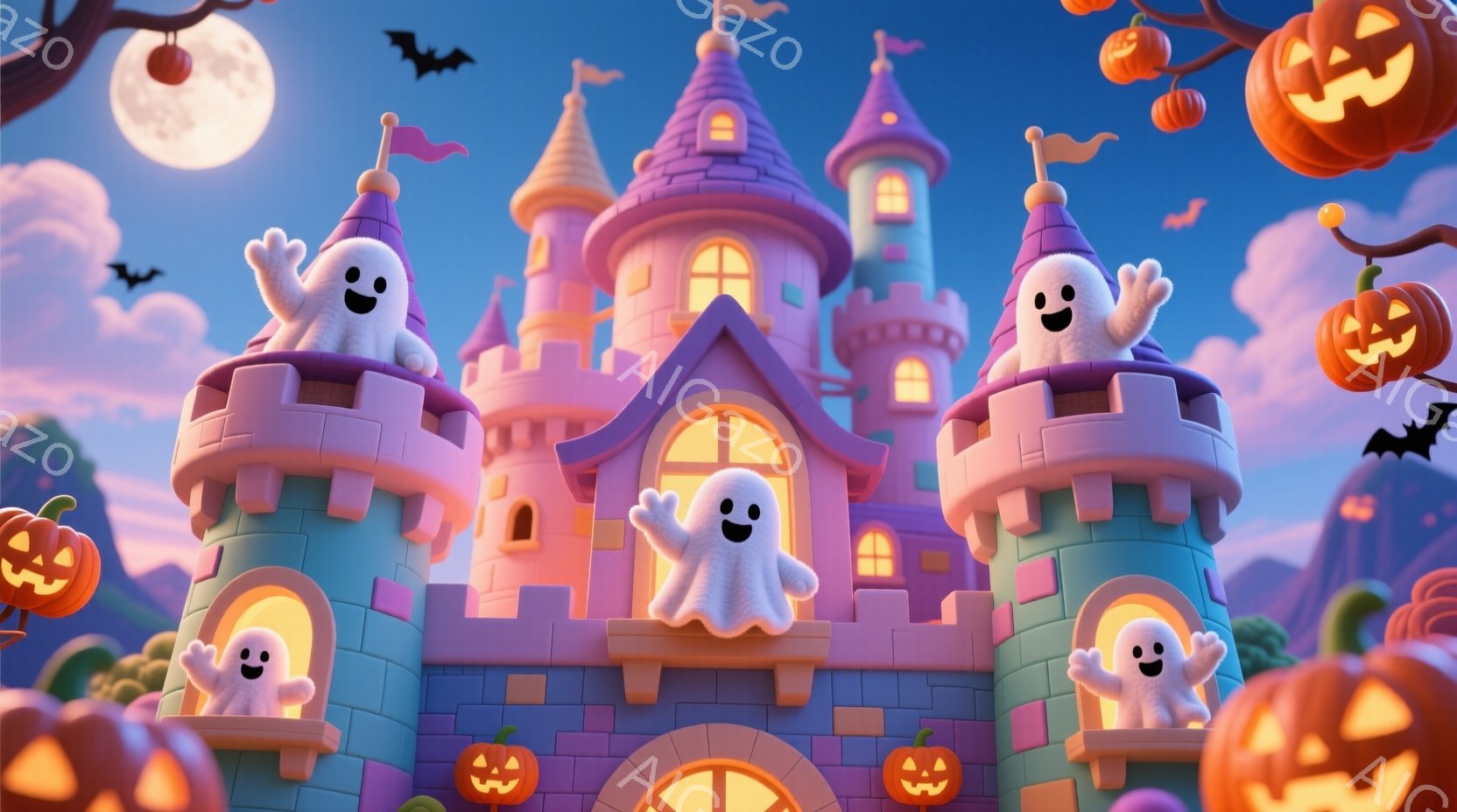 ターコイズとラベンダー色の可愛らしいお城が、ハロウィーンの夜空の下にそびえ立っています。数匹の小さな白い幽霊が、お城の塔や周りを飛び回り、楽しそうに手を振っています。背景には、夕焼け空、遠くの山々、そ - AI生成フリー素材