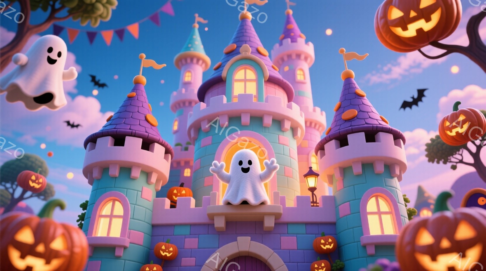 鮮やかな紫と水色の可愛らしいお城が描かれており、ハロウィーンの飾り付けが施されています。幽霊が城の屋根の上と入口付近に浮かんでおり、楽しそうな表情を浮かべています。背景にはカボチャのランタンが浮かび、 - AI生成フリー素材