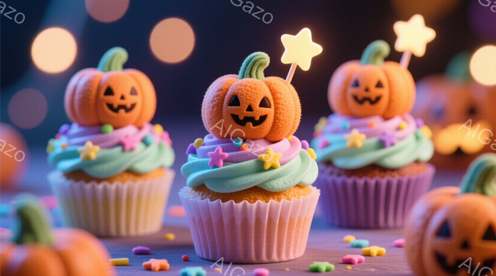 ハロウィーンをテーマにしたカップケーキが複数、ピンク色のカップに飾られています。各カップケーキの上には、笑顔の刻まれたオレンジ色のカボチャが乗っており、緑色の茎と黄色い星形のトッピングがついています。 - AI生成フリー素材