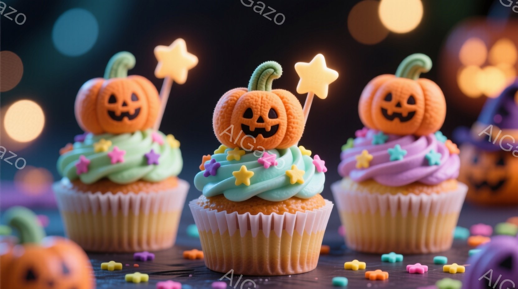 カラフルな背景に、ハロウィーンをテーマにしたカップケーキが並べられています。緑色のクリームにカボチャの形をしたトッピングが飾られ、星型のピックが挿されています。全体的に明るく楽しい雰囲気で、小さな装飾 - AI生成フリー素材