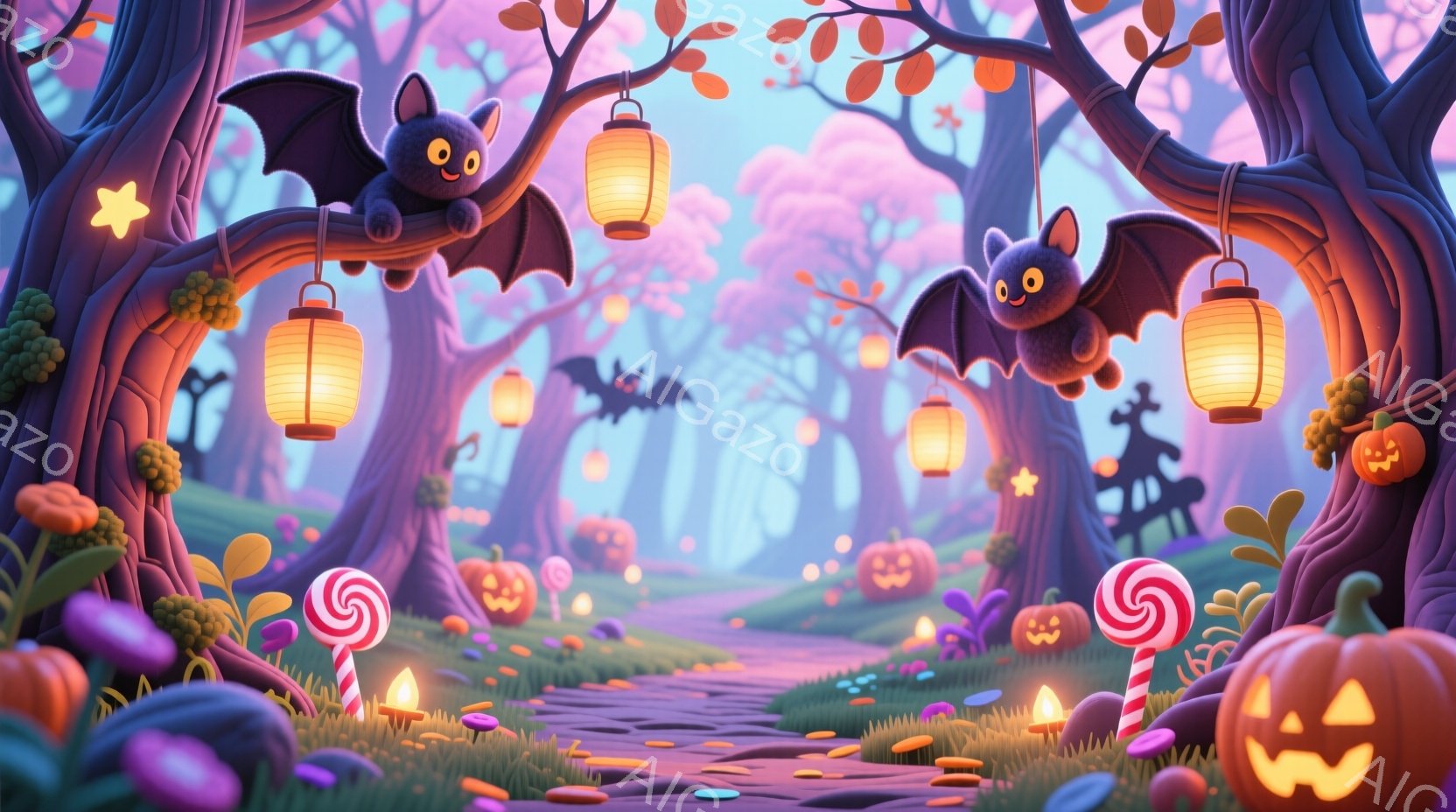 カラフルなハロウィーンの風景が広がっており、曲がった木々が道を挟んで並んでいます。道にはカボチャのランタン、キャンディ、キノコが散りばめられ、空には可愛らしいコウモリが浮かび、暖かく幻想的な雰囲気を醸 - AI生成フリー素材