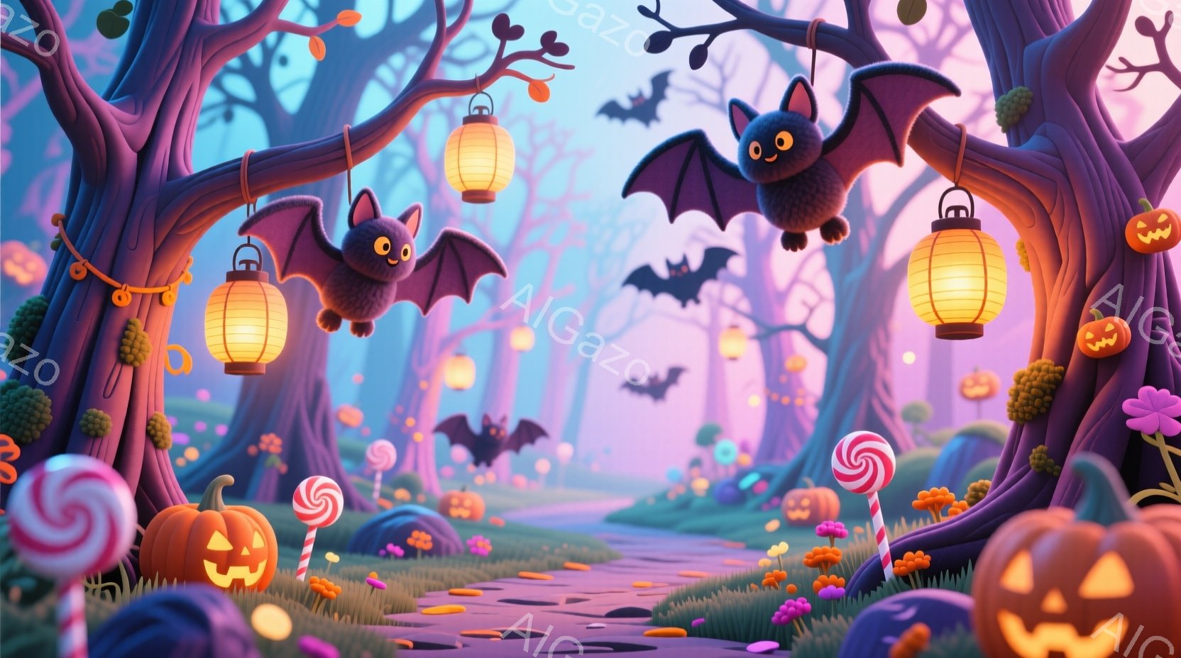 ハロウィーンの森の道が描かれています。道は紫色の土で覆われ、カラフルなキャンディやカボチャ、キノコが点在し、空にはコウモリが飛んでいます。背景には、ハロウィーンの装飾が施された木々が立ち並び、全体的に - AI生成フリー素材