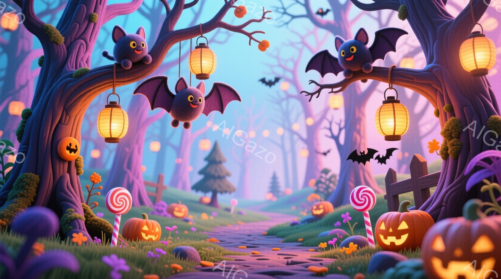 鮮やかな紫とオレンジ色が印象的なハロウィーンの風景です。道はカボチャのランタン、キャンディー、愛らしいコウモリで飾られ、可愛らしい雰囲気を作り出しています。背景には木々が立ち並び、遠くにはシルエットが - AI生成フリー素材