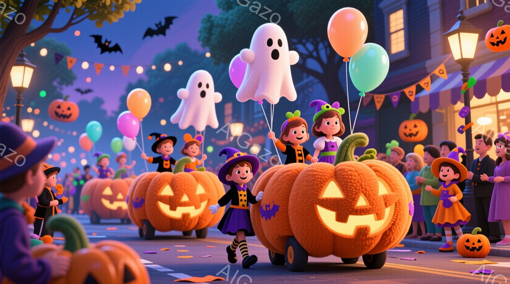 ハロウィーンのパレードが行われている賑やかな通りです。子どもたちは、カボチャの車輪が付いた大きなカボチャに乗ったり、お化けの風船やカラフルな風船を持って楽しそうに歩いています。背景には、ハロウィーンの - AI生成フリー素材
