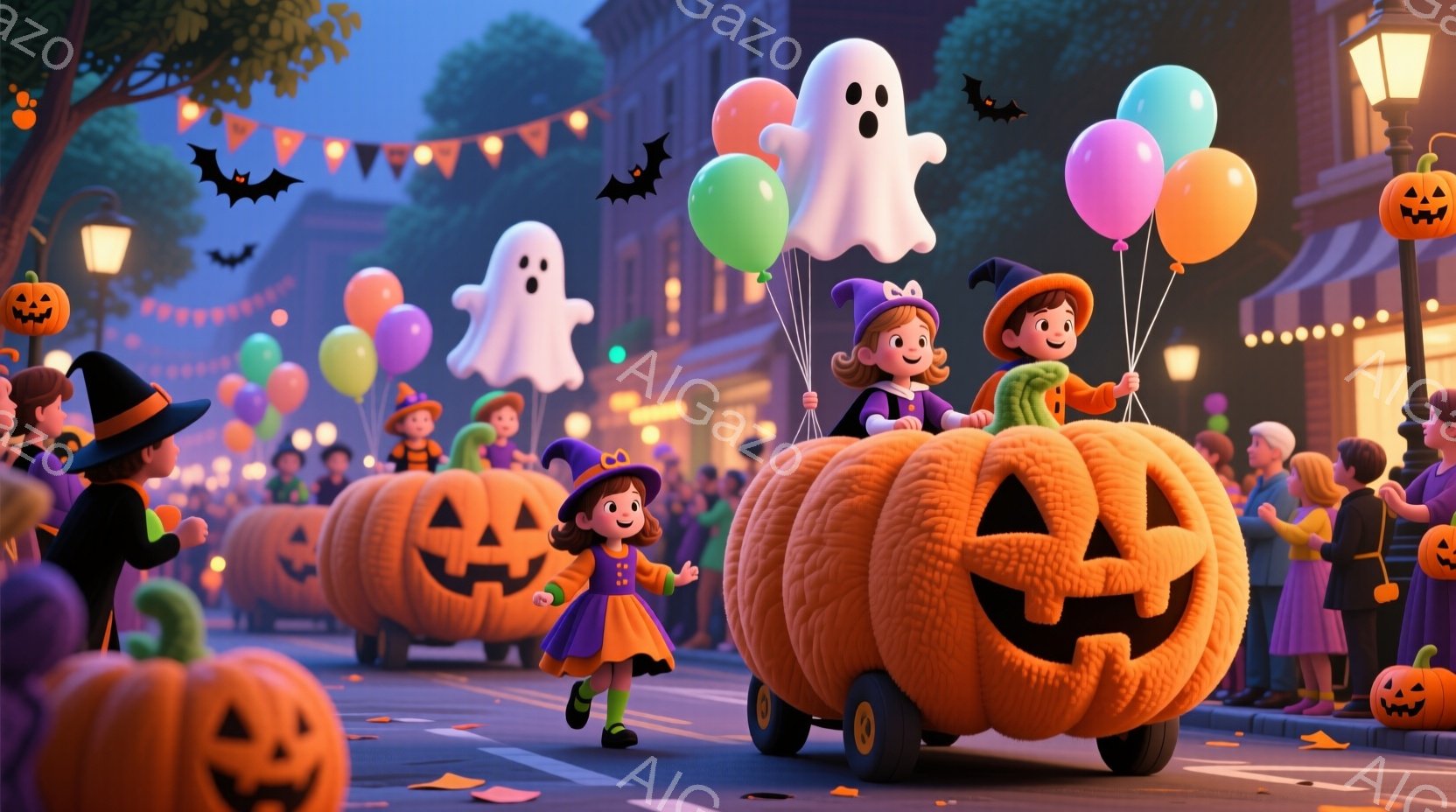 ハロウィーンの夜、子供たちはカボチャの車に乗ってパレードを楽しんでいます。少女たちは魔女帽子をかぶり、カラフルな風船を持ち、笑顔で手を振っています。背景には、ハロウィーンの装飾が施された建物や街路樹が - AI生成フリー素材