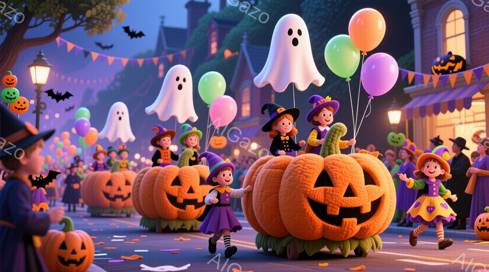 ハロウィーンのパレードが夕暮れ時の街を行進している様子が描かれています。子どもたちは魔女やユニコーンなどのコスチュームを着て、カボチャのフロートに乗ったり、バルーンを持って楽しそうに歩いています。背景 - AI生成フリー素材