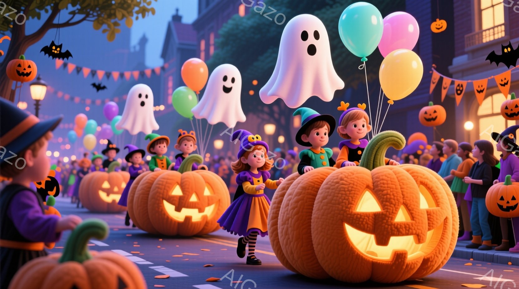 ハロウィーンの夜、多くの子供たちが仮装して通りを歩いている様子が描かれています。オレンジ色に光る大きなカボチャが道沿いに並び、子供たちは魔女や海賊、幽霊などの衣装を身につけ、楽しそうに歩いている。背景には、ハロウィーンの飾り付けがされた建物が立ち並び、夜空には星が輝き、お祝いの雰囲気を盛り上げている。