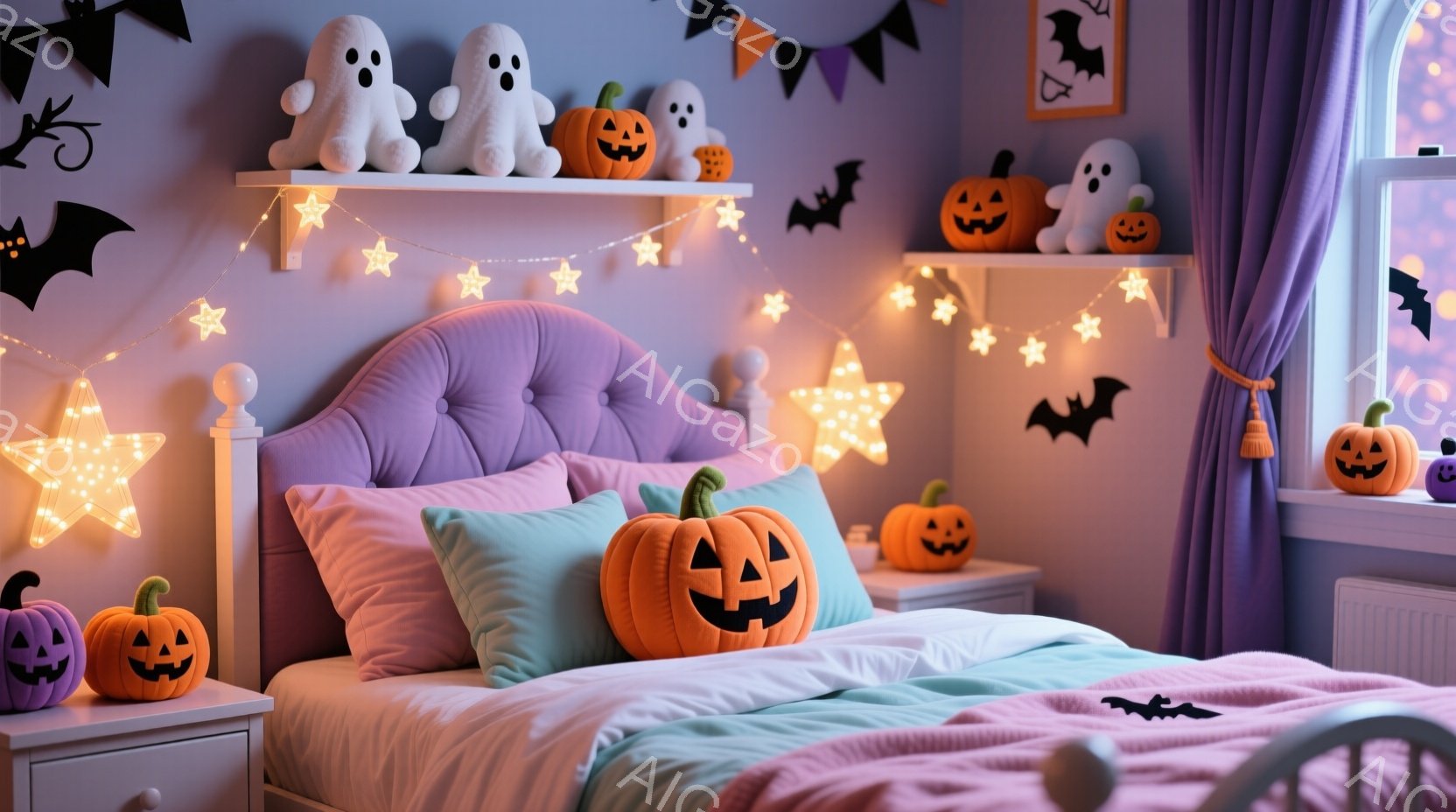 ハロウィーンの装飾が施された子供部屋で、紫色のベッドの上にオレンジと白のハロウィーンのパンプキン、幽霊のぬいぐるみ、紫色のクッションが置かれています。背景には、黒いコウモリのシルエットが描かれた壁と、ハロウィーンをテーマにした装飾が施された窓が見えます。全体的に、暖かく、お祝いの雰囲気が漂う、夢のような部屋です。