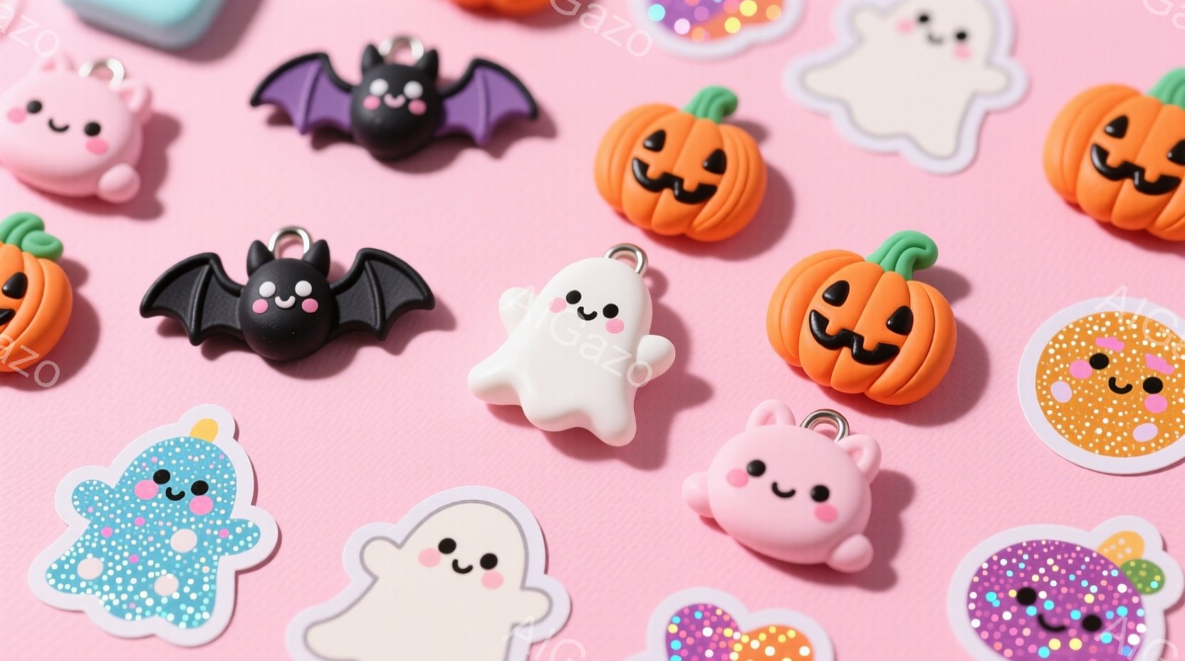 ピンク色の背景に、ハロウィーンをテーマにした可愛らしい小さな飾りやチャームが散りばめられています。カボチャ、お化け、コウモリ、そして水玉模様の可愛らしい形状のものが並び、それぞれに愛らしい表情が施されています。全体的にパステルカラーで柔らかい雰囲気で、可愛らしいハロウィーンの装飾を連想させます。