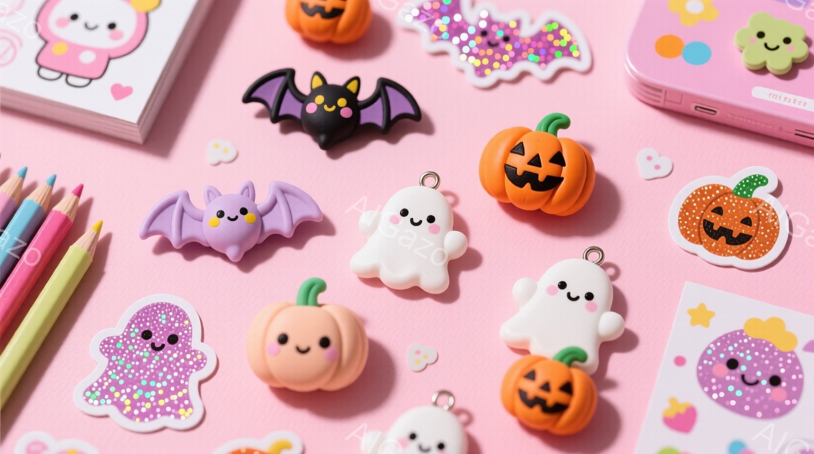 ハロウィンテーマで、様々な装飾用の小物が散らばっています。中央には、お化けや犬のグッズが色彩豊かに配置されています。色鮮やかなスタンプやマーカーも見えます。背景はピンクで、普段見ることの少ない子供向けデザインが多くあります。印象は明るく、楽しみの空気です。