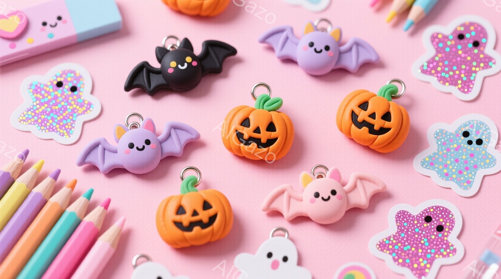 明るいピンク色の背景に、ハロウィーンをテーマにした可愛らしい小さなチャームが散りばめられています。かぼちゃ、コウモリ、おばけの形をしており、それぞれ愛らしい表情をしています。カラフルな色鉛筆が左下に並び、全体的に明るく楽しい雰囲気を醸し出しています。