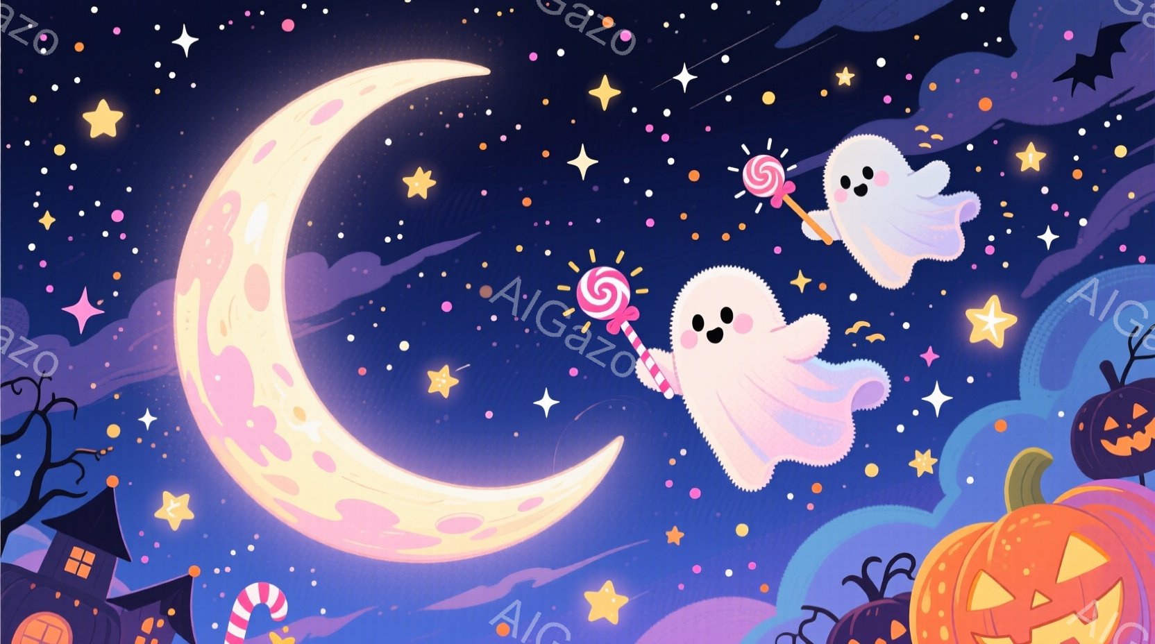 夜空に大きく輝く三日月を背景に、キャンディを手に持った可愛らしいお化けが二人浮かんでいます。片方のお化けは少し上の方で嬉しそうにキャンディを振りかざし、もう片方のお化けは下の方で優しくキャンディを握りしめています。背景には、ハロウィーンらしいカボチャやお化け屋敷、星空が広がり、全体的に可愛らしく楽しい雰囲気を醸し出しています。