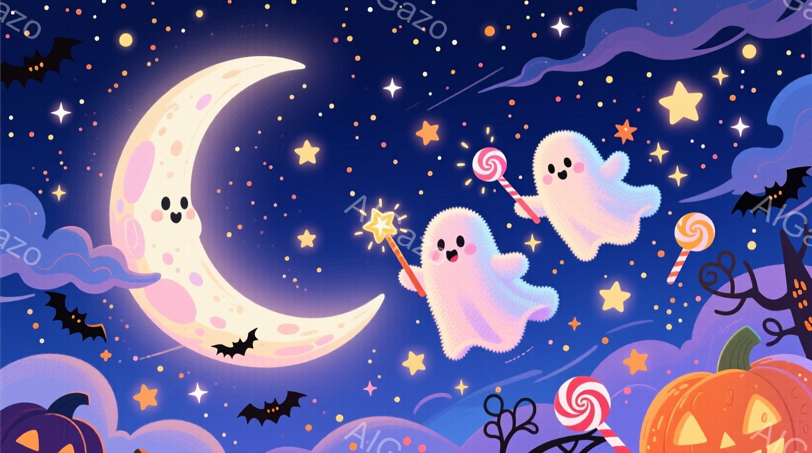 夜空を背景に、可愛らしいお化けたちが浮かんでいます。月は顔を持ち、微笑んでいます。背景には、カボチャ、コウモリ、キャンディ、星が散りばめられており、ハロウィーンの楽しい雰囲気を演出しています。 - AI生成フリー素材