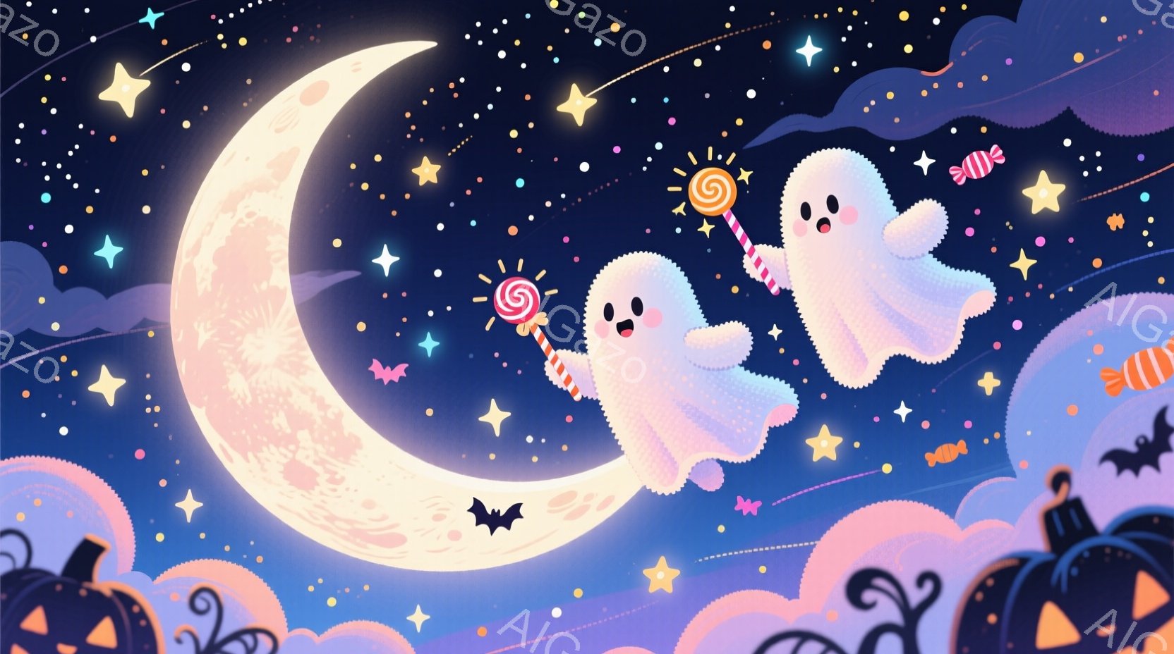 夜空を背景に、お菓子を持った可愛らしい幽霊が二人浮かんでいます。満月が大きく輝き、雲は淡いピンクと紫のグラデーションで表現され、ハロウィーンの夜を思わせる雰囲気です。背景には、かぼちゃのランタンやコウ - AI生成フリー素材
