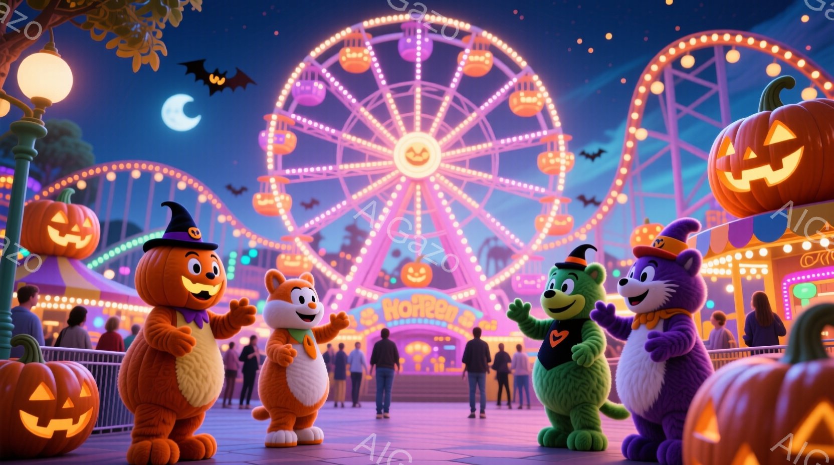 夜の遊園地を背景に、ハロウィーンをテーマにしたキャラクターたちが楽しそうに並んでいます。オレンジ色のカボチャの着ぐるみを着たキャラクター、アヒルの着ぐるみ、緑色の着ぐるみ、紫色の猫の着ぐるみを着たキャ - AI生成フリー素材