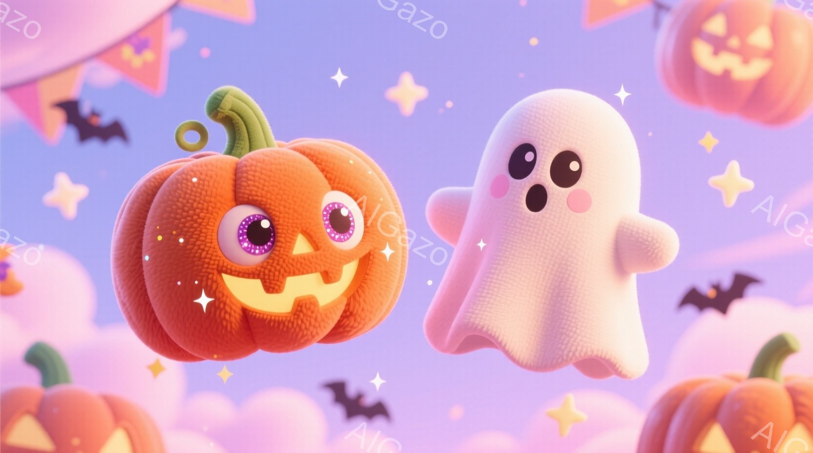 明るい紫色を基調とした背景に、かわいらしいハロウィーンのキャラクターが浮かんでいます。オレンジ色のジャック・オー・ランタンと、ふわふわした白い幽霊が、大きな目と笑顔で親しみやすい印象を与えています。背 - AI生成フリー素材