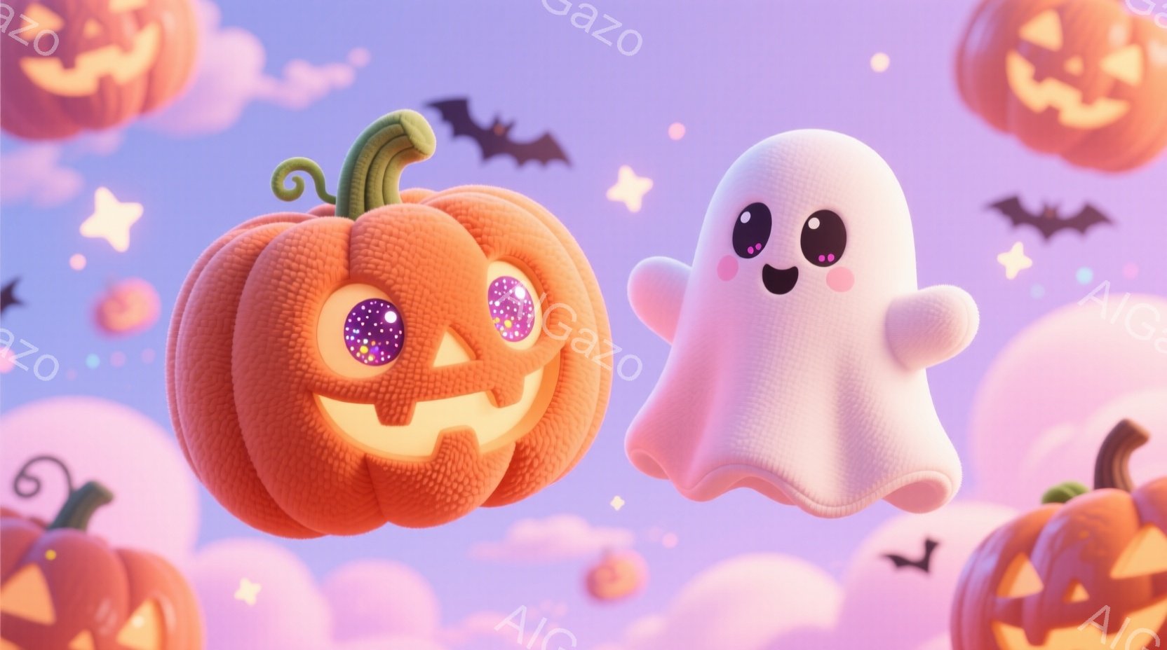 明るいピンクと紫色の背景に、可愛らしいハロウィンの装飾が浮かんでいます。オレンジ色のジャック・オー・ランタンは大きな目と笑顔で、近くにはふわふわとした白い幽霊がおり、どちらも愛らしい表情をしています。 - AI生成フリー素材