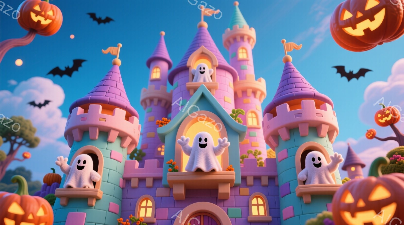 パステルカラーの可愛いお城と、お城の周りを飛び交うゴーストとカボチャのイラストです。ゴーストたちは手を広げ、楽しそうに笑っています。背景には、紫色の夕焼けと、シルエットのコウモリが見られ、ハロウィンの楽しい雰囲気が漂っています。